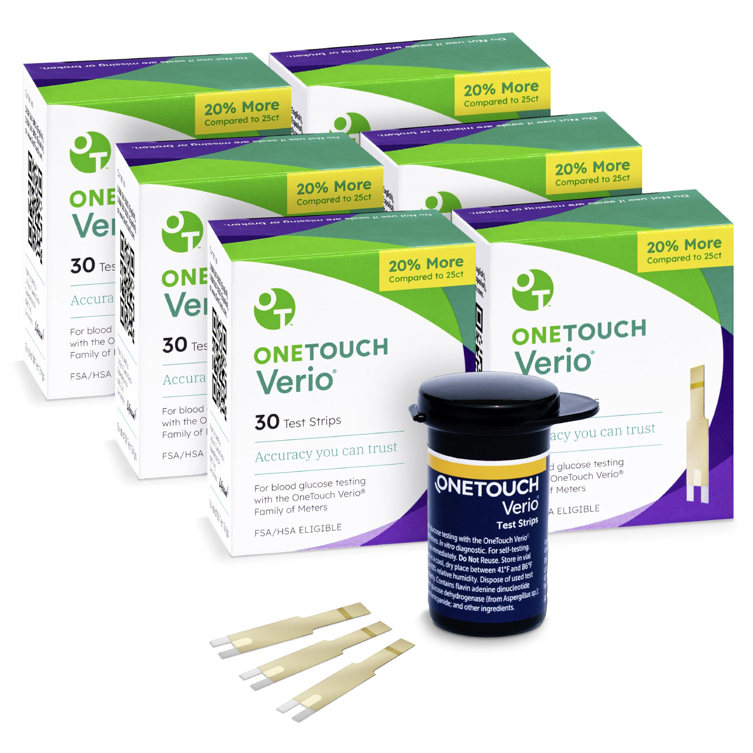 Photo 1 of OneTouch Verio Test Strips for Diabetes Value Pack - 180 Count - for Blood Sugar Monitor - Home Self Glucose Testing - 6 Boxes, 30 Strips Per Pack