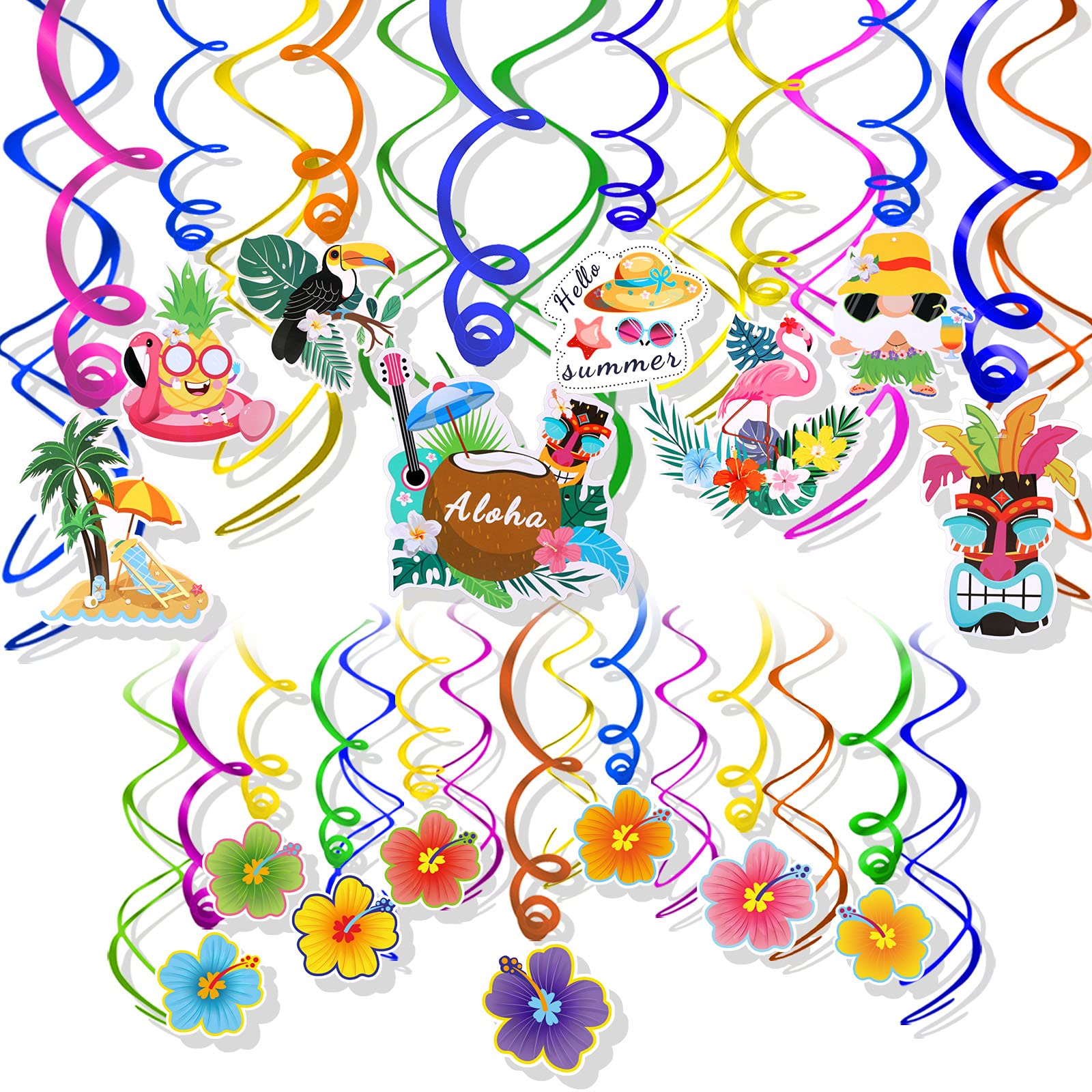 HOWAF 30 Pcs Hawaiian Tropical Party Hanging Swirls Hibiscus Flower Parrot Flamingo Foil Swirl Decorations Ceiling Decorations for Luau Tiki Aloha Beach Summer Birthday Party Decoration Supplies