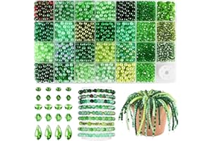 Funtopia 1600pcs Green Glass Beads for Bracelets, 6mm Crystal Beads for Jewelry Making Beaded Plants, Round Glass Beads with 
