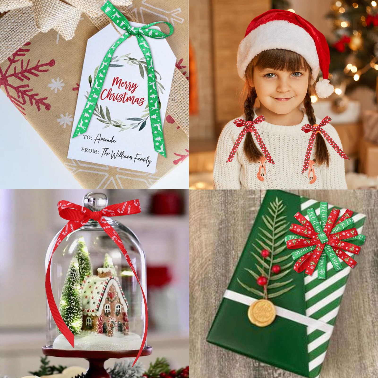 Vloso 20 Rolls 100 Yards Christmas Ribbon for Gift Wrapping,3/8 Inch Christmas Grosgrain Ribbon,Christmas Ribbon for Crafts DIY Holiday Christmas Decorations