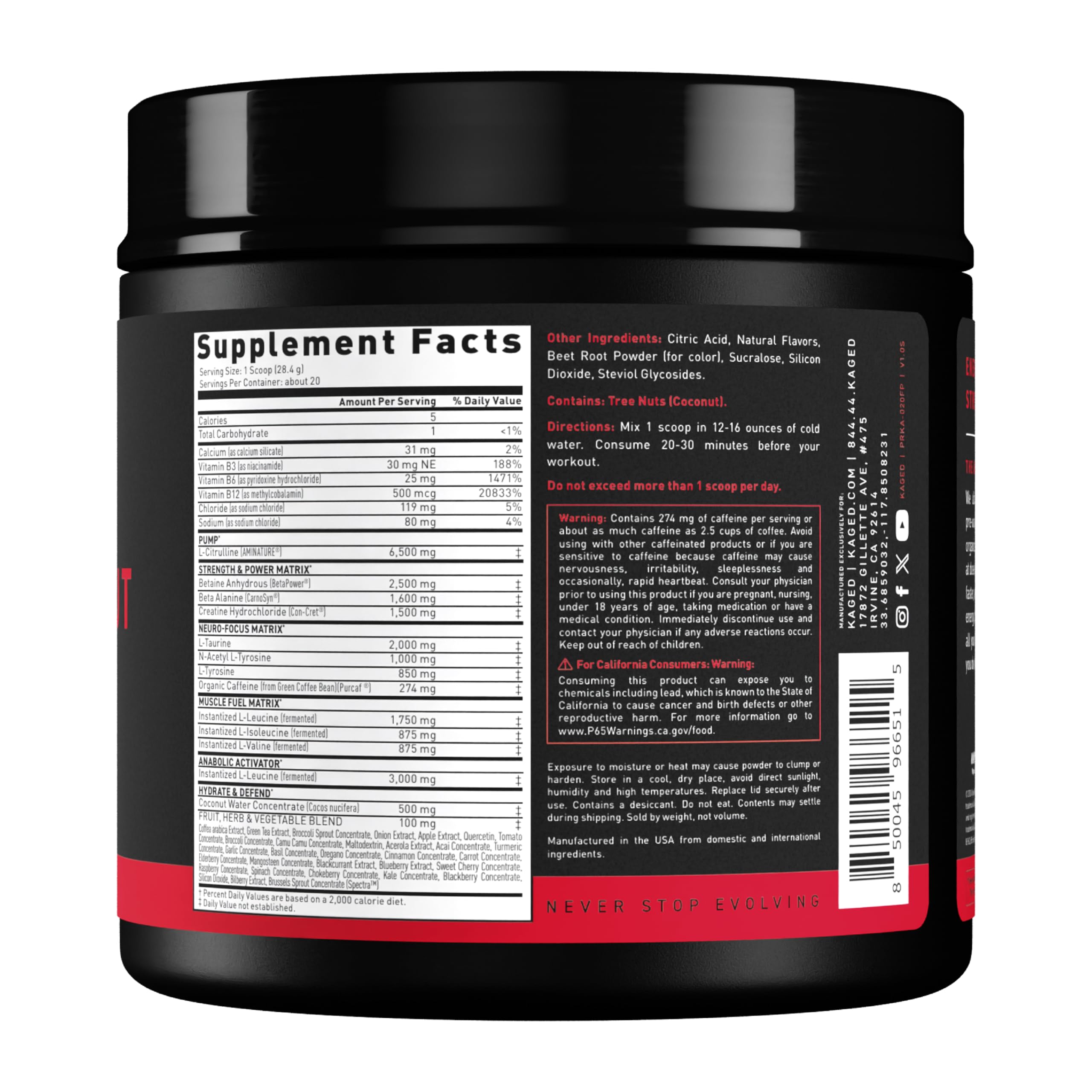 Kaged Original Pre-Workout Powder, Fruit Punch, Pre Formulated with Creatine, Beta Alanine, Pure Caffeine, 20 Servings