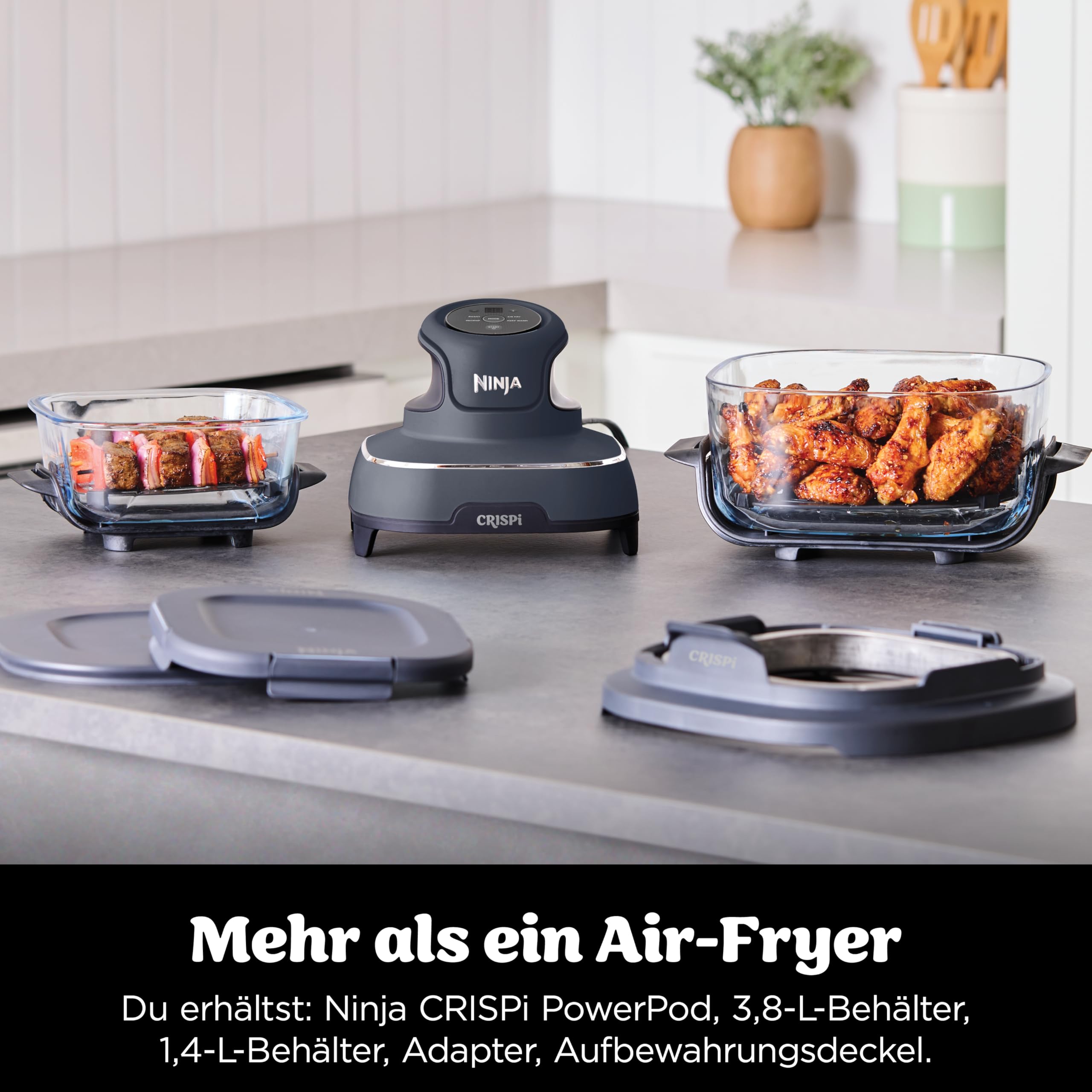 Ninja CRISPi Tragbare Air Fryer Heißluftfritteuse, 3,8 l, 4-in-1: Heißluftfrittieren, Braten, Warmhalten, Recrisp, Kompakt, 6 Portionen, 2 Herausnehmbare Glasbehälter & Deckel, 1700W, Grau FN101EUGY 2