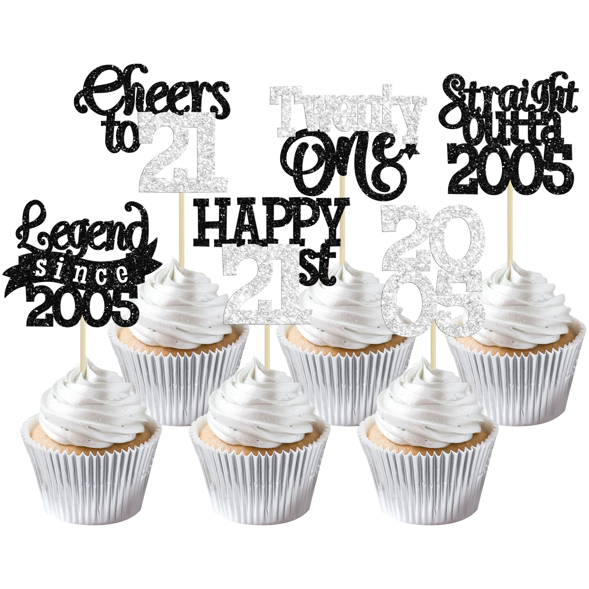 Gyufise 24Pcs Happy 21st Birthday Cupcake Toppers Hello Twenty One Legend Since 2005 Cupcake Picks Cheers to 21 Years Cake Decorations for 21st Birthday Anniversary Party Supplies Black Silver