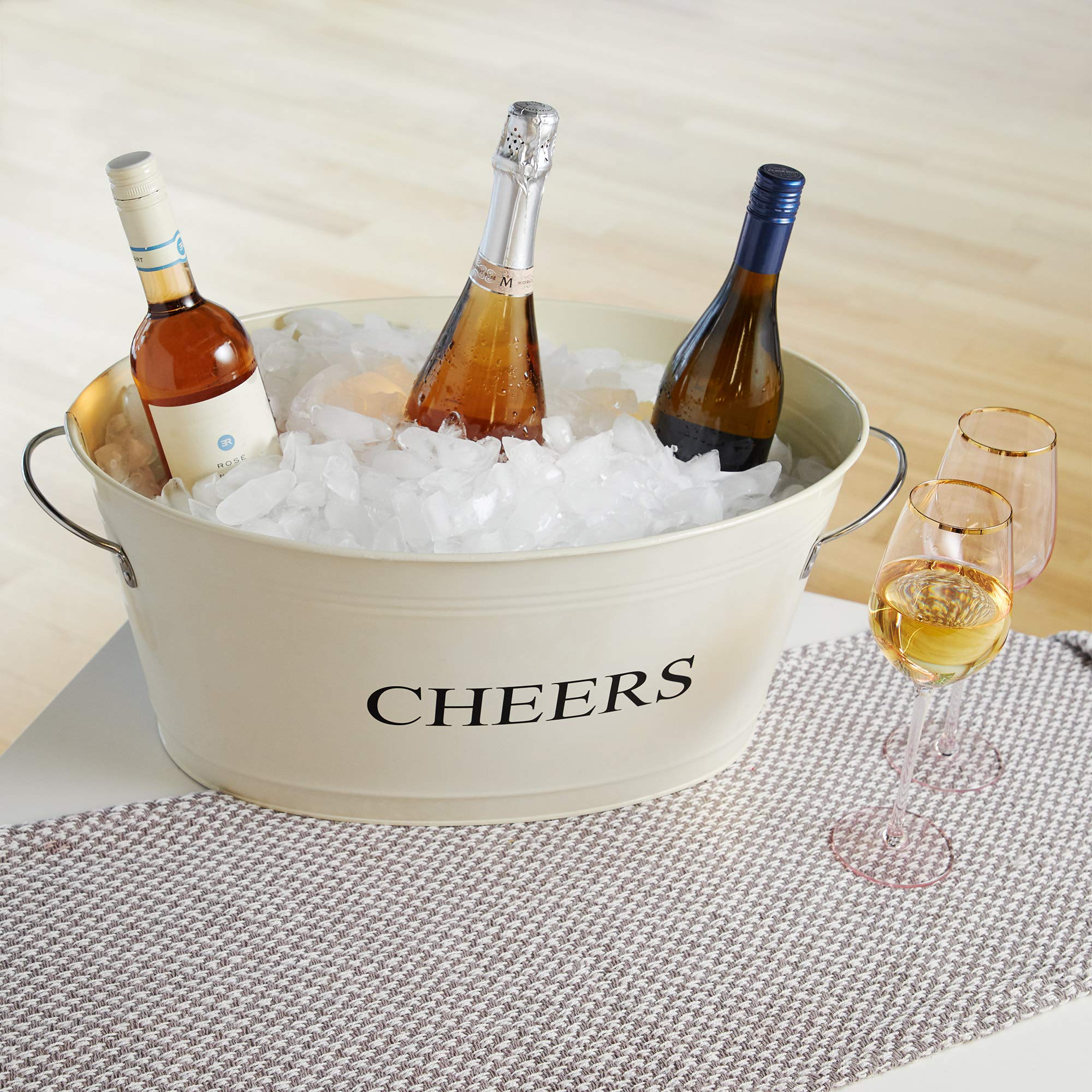 Twine Cheers Beverage Tub, Galvanized Tubs for Entertaining, Drink Buckets for Parties, Large Ice Tub and Gift Basket, Beer Buckets, Cream, 6.3 Gallons Set of 1