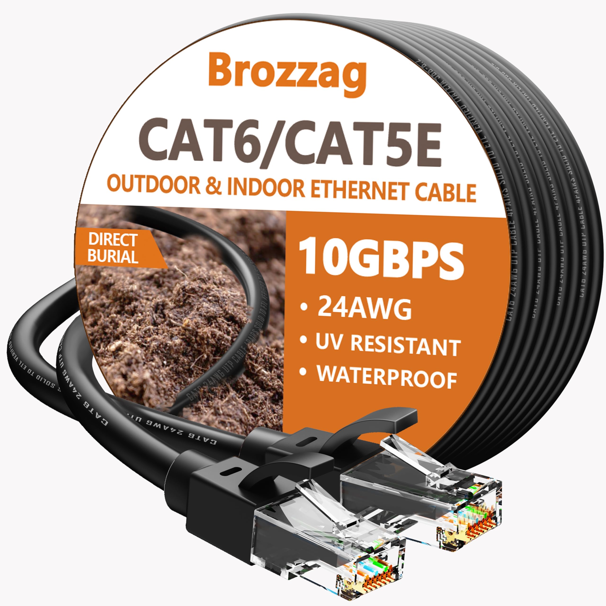 Photo 1 of Brozzag 100 Ft Ethernet Cable for Cat5E/Cat6, 10Gbps 24AWG Cat6 Network Cable, Direct Burial Cable, UTP, LLDPE, RJ45 Patch LAN Cord, Waterproof, Indoor&Outdoor, Cat 5E Internet Cable in Black for PC