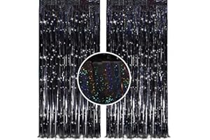 YIGHAW 2 Pack 3.2 ft x 9.8 ft Bling Black Tinsel Curtain Party Backdrop Decorations, Metallic Foil Fringe Backdrop Door for Halloween, Christmas, Birthday Graduation Wedding Party Streamers Photo Backdrop.