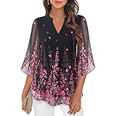 Bebonnie Womens Tops Dressy Casual Ruffle 3/4 Sleeve V Neck Double Layers Chiffon Blouses Tops