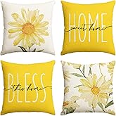AVOIN colorlife Home Sweet Home Spring Summer Flowers Yellow Throw Pillow Covers, 18 x 18 Inch Cushion Case for Sofa Couch Set of 4