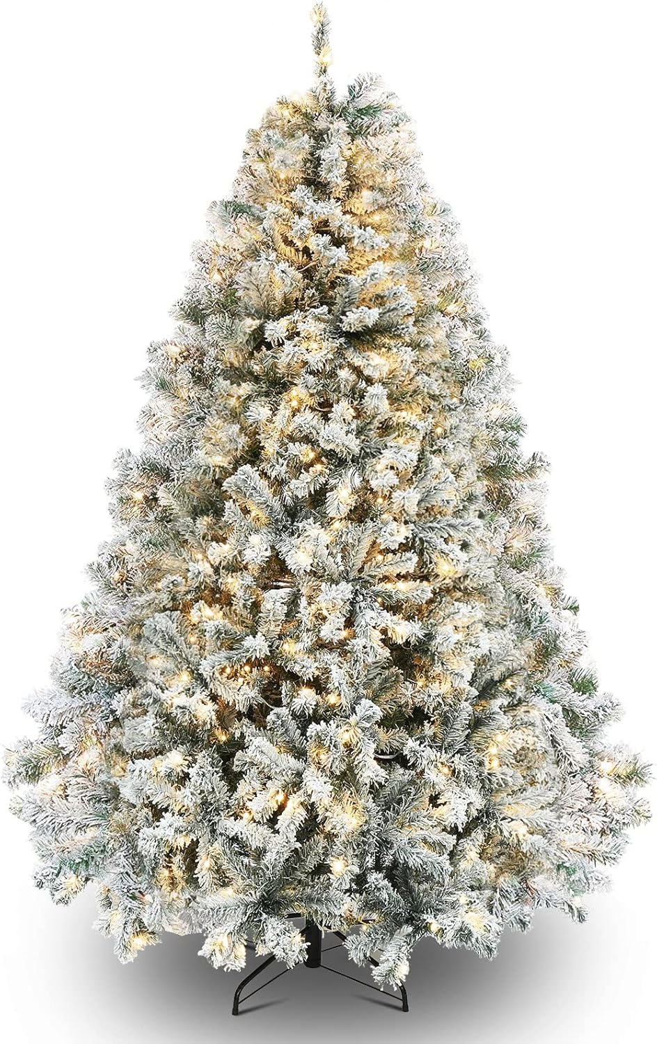 Trees - okicoler 6.5ft Pre-Lit S Flocked Artificial Holiday Christmas Pine Tree with ELD Lights and Metal Base Stand for Home, Office, Party Decoration,White, (W2)