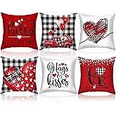 Tudomro 6 Pcs Valentines Day Pillow Covers 18x18 Inch Valentine Pillows Decorative Throw Pillows Covers Heart Themed Pillow for Sofa Home Couch Cushion Covers (Buffalo Plaid)