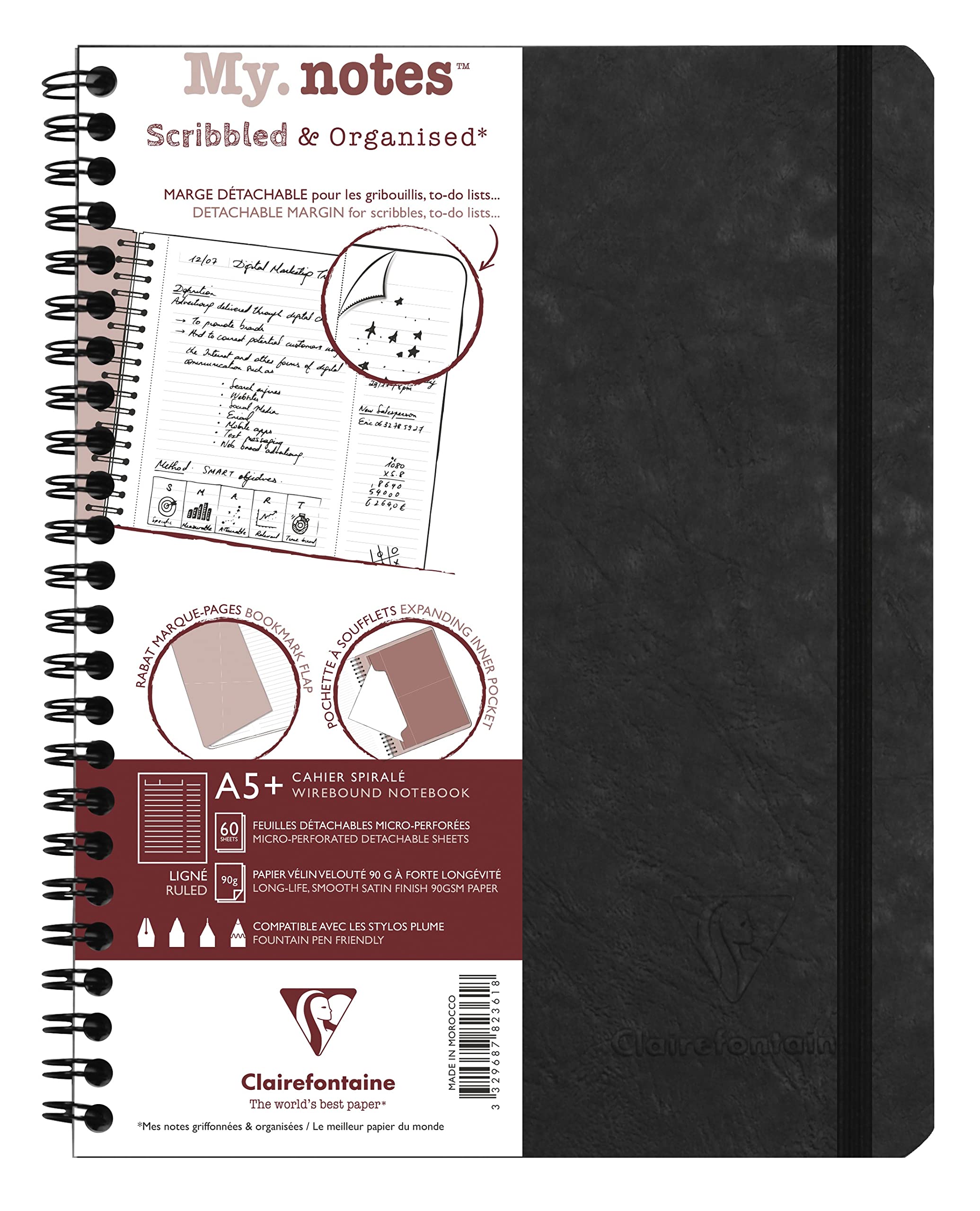 Clairefontaine 782361C Age Bag Collection MyNotes Black Spiral Notebook w/ Margins - A5+ 16x21cm - 120 Ruled Detachable Pages - 90gsm White Leather Card Cover