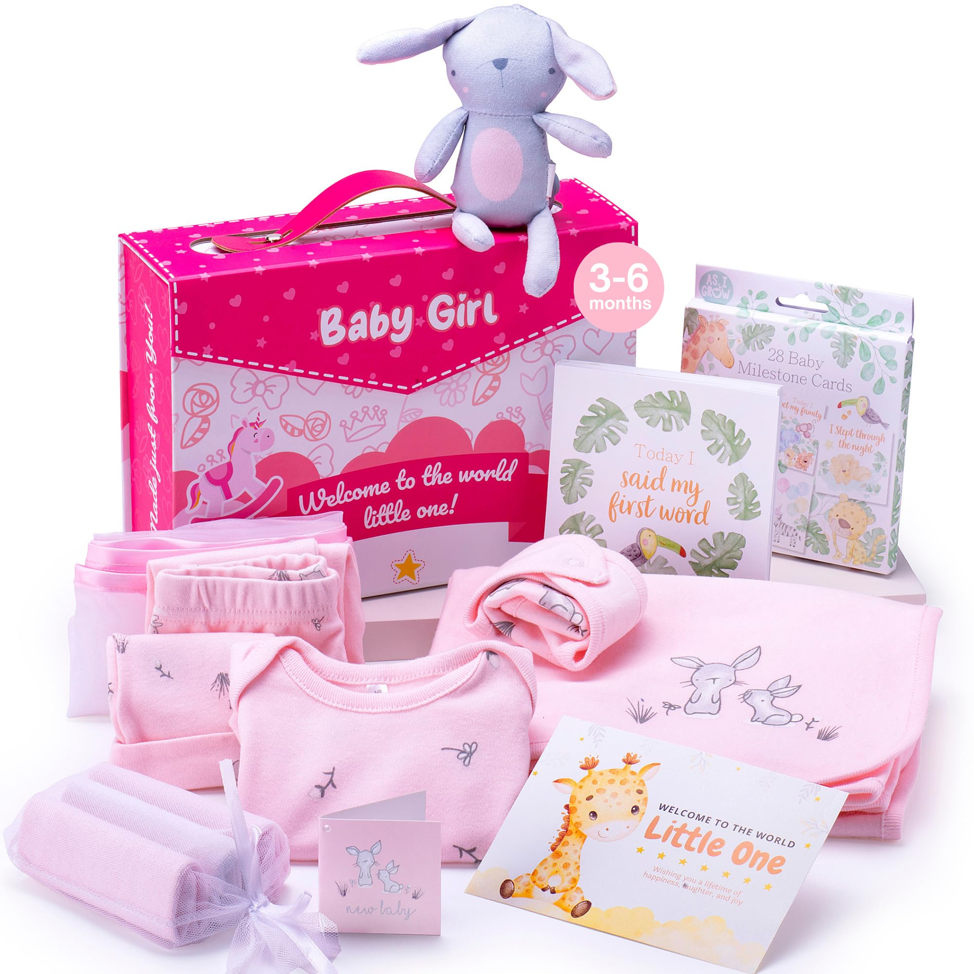 Hattie’s Gifts Newborn Baby Girl Gift Set – 3-6 Months Baby Girl Clothes, Newborn Essentials, Bunny Comforter & Milestone Cards – Practical Gifts for Shower & Christening (3-6 Months)