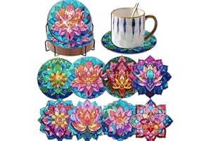 DEMONWER 8 Pieces Lotus Diamond Coasters with Holder DIY Cute Lotus Diamond Art Coasters 5d Lotus Diamond Coasters with Cork Pads for Beginners Adults for Christmas Holidays Gift