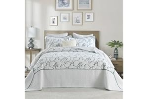 Finlonte Oversized King Bedspread 120"x120" - 100% Cotton Vine Embroidery King/Cal King Quilted Bedspread, White Bedspread Coverlet Blue Vine, Lightweight Extra Large Quilt Set with 2 Pillowshams