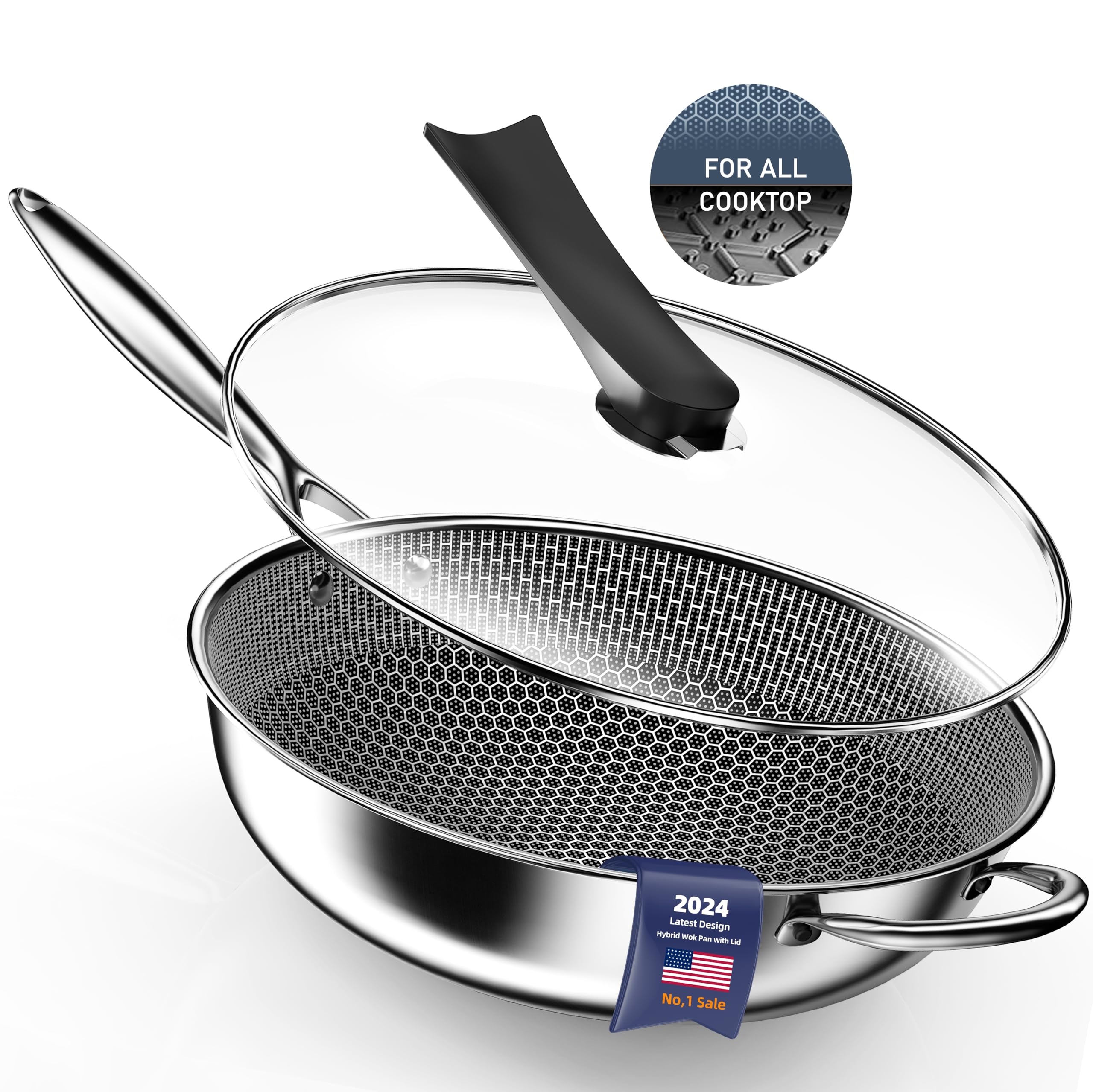 Kiseely Padella Wok, Wok Ibrido Per Friggere Da 34cm Con Coperchio