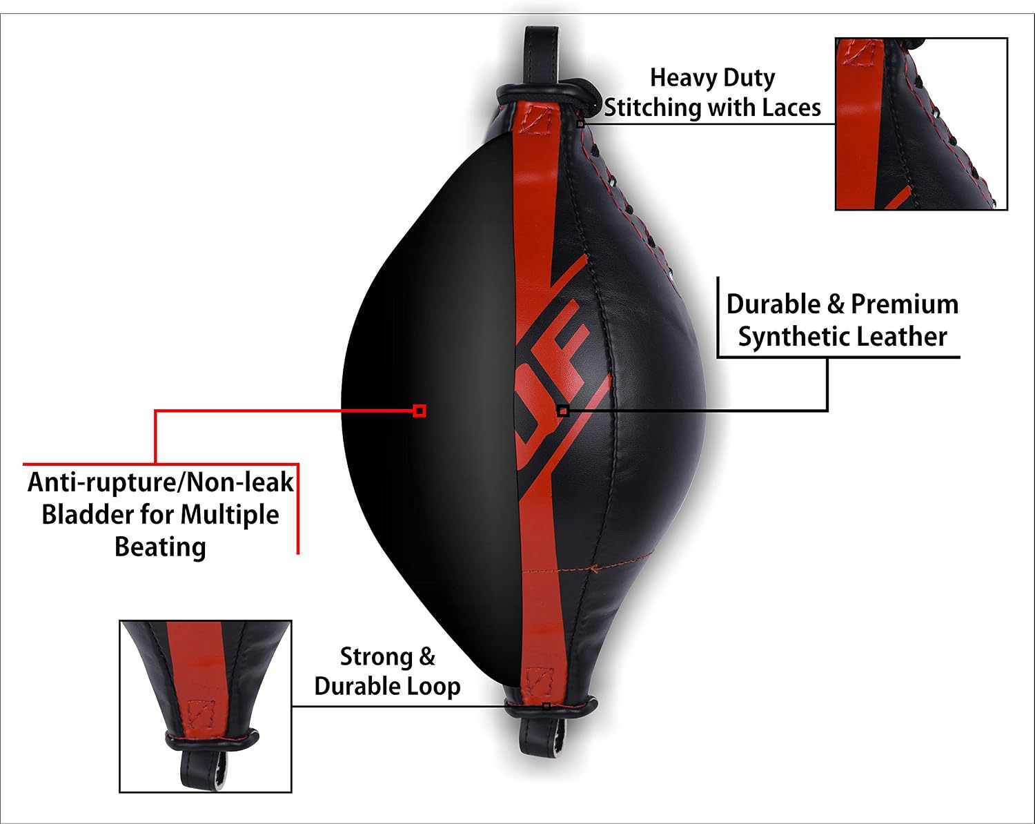 AQF Double End Speed Ball Maya Hide Leather Boxing Dodge Speed Bag Punching MMA Training Workout Floor to Ceiling Rope (Black) - Image 4