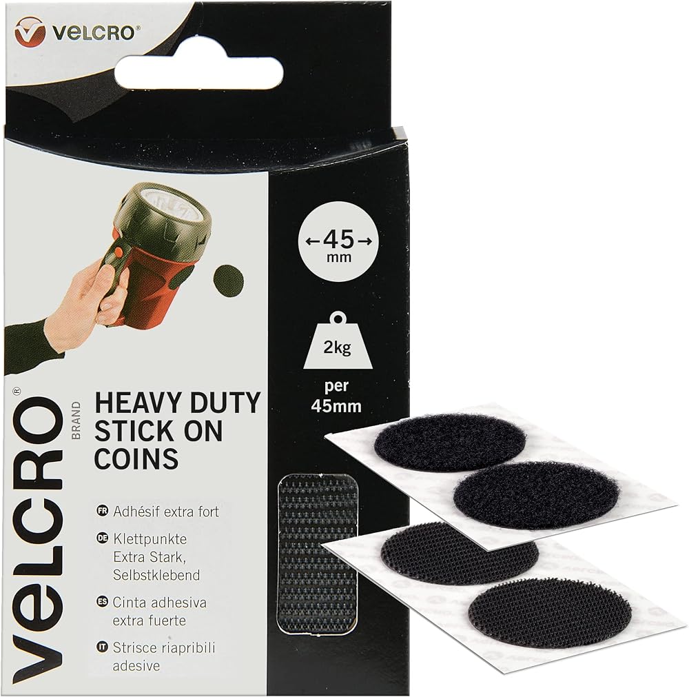 VELCRO Brand Heavy Duty Stick-On Coins 45mm x 45mm 6 Pack Black