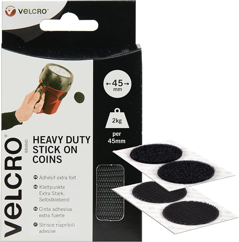 VELCRO Brand Heavy Duty Stick-On Coins 45mm x 45mm 6 Pack Black
