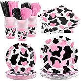 durony 210 Pieces Pink Cow Print Tableware Set Pink Cow Print Party Decorations Paper Plates Cups Napkins Knife Spoons Forks for Cowgirl, Baby Shower, Farm Birthday Party Supplies, Serve 30 Guests
