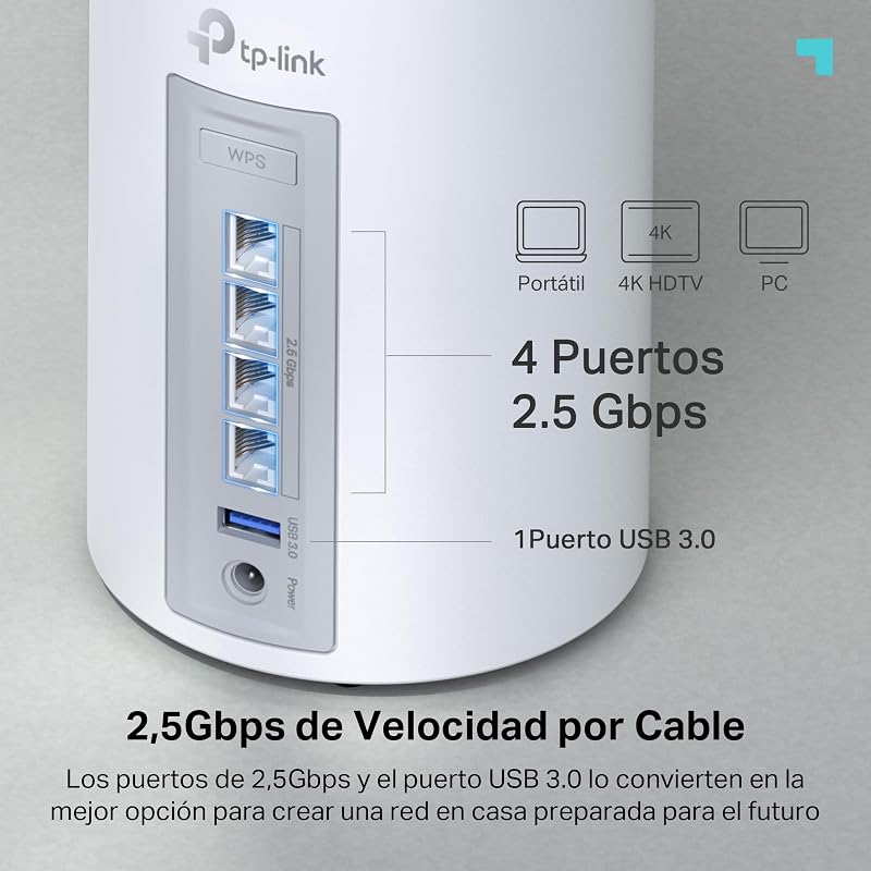 Tp-link deco be65 (pacote com 2) conjunto wlan wi-fi 7 mesh (pacote com 3), tri-band 5760 mbit/s (6 ghz) + 2880 mbit/s (5 ghz) + 574 mbit/s (2,4 ghz), 6 transmissões, 4 portas 2,5g, 1 usb 3.0