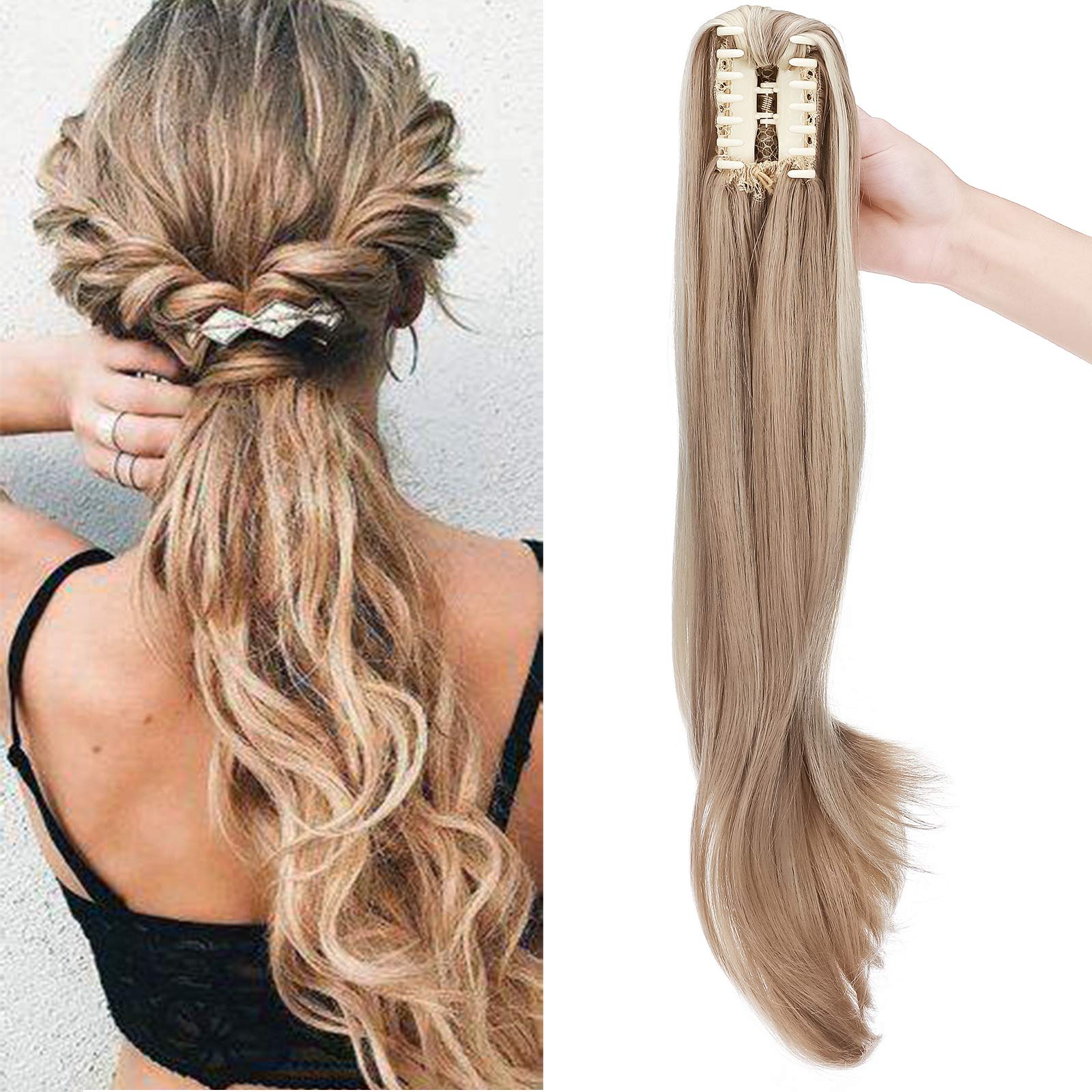 22" Claw On Ponytail Extensions Slightly Wavy Tails Clip In Hairpieces Long Curly Ponytail Synthetic For Women Ladies, Sandy Blonde & Bleach Blonde