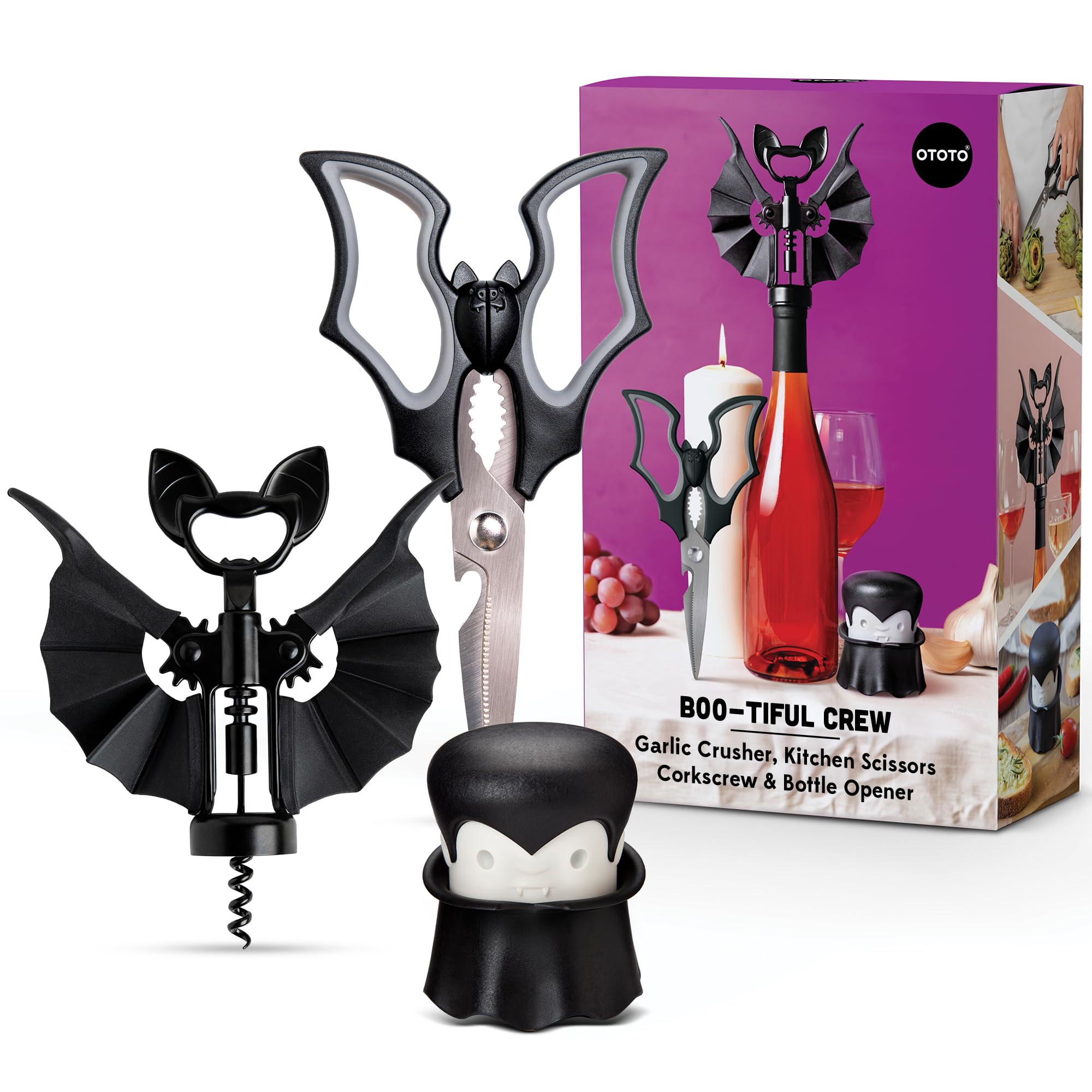 OTOTO Boo-tiful Crew Bundle of Elizabat, Vino, Gracula - Halloween Kitchen Decor Goth Accessories, Cool Kitchen Gadgets, Bat Scissors, Spooky, Witchy Bottle Opener, Garlic Crusher, Spooky Funny Gifts Image