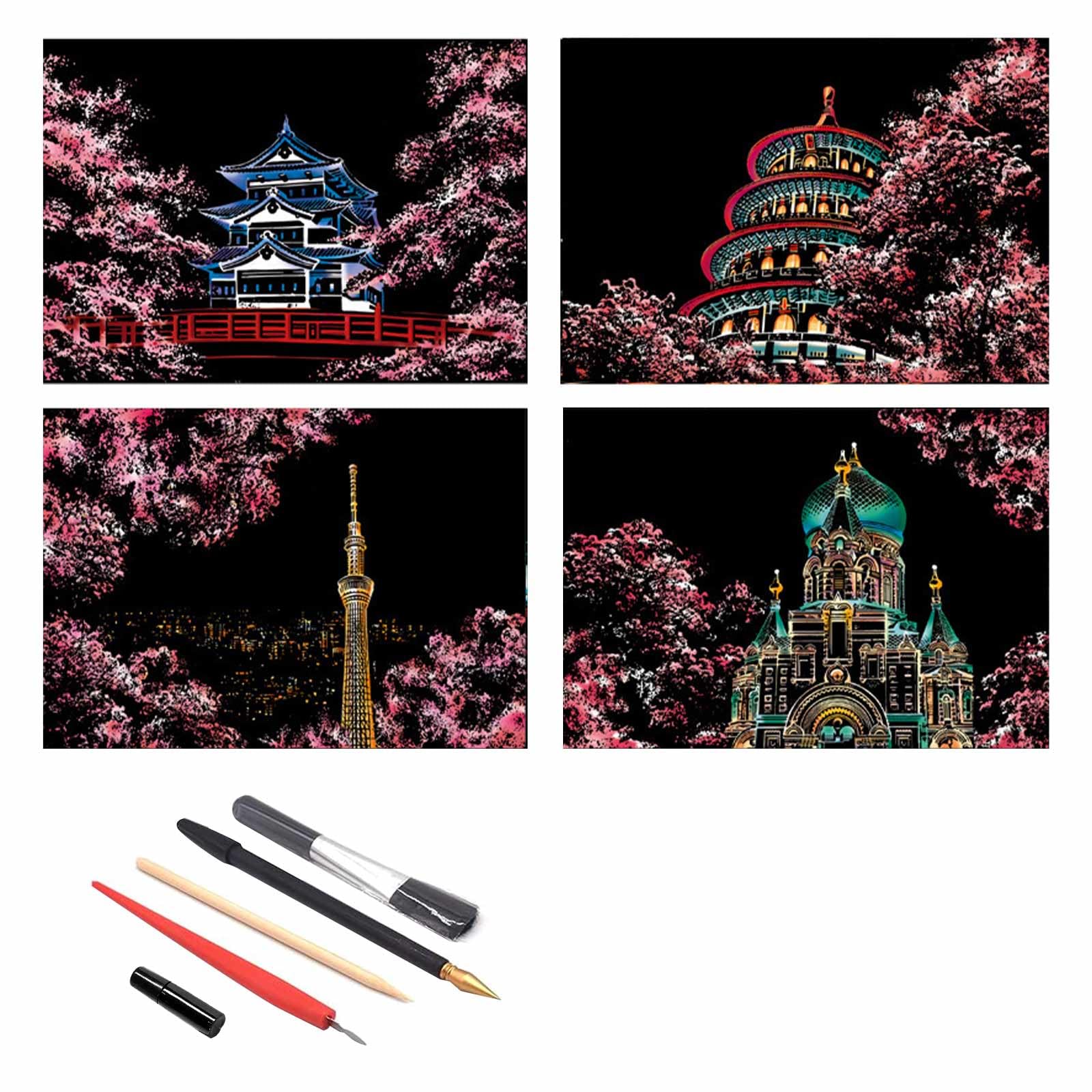 QINXUANGE 4PCS Scratch Art Scratch(21×29cm) Paper Rainbow Painting Sketch,Beautiful Cherry Blossoms,Scratch Painting Creative Gift,Scratch Art for Unisex with 5 Tools.