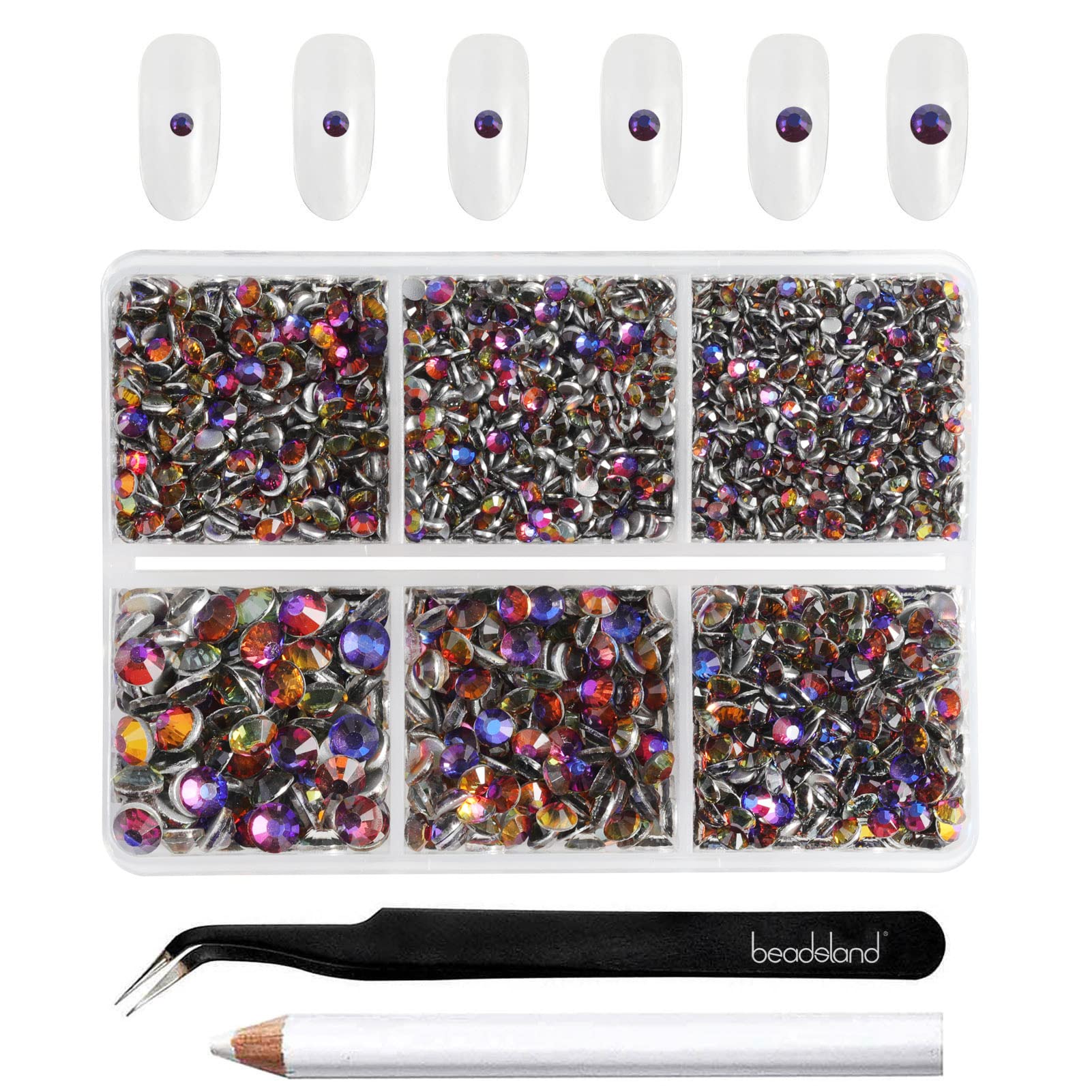 Beadsland 4300pcs Flatback Nail Rhinestones,Blue Rhinestones Round Crystal Gems for Crafts,Mixed 6 Sizes with Picking Tweezers and Wax Pencil Kit, SS6-SS20,Blue Volcano — image 1