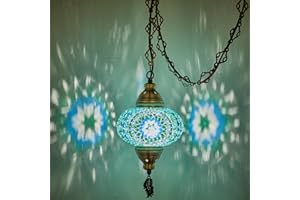 DEMMEX Plug-in Turkish Moroccan Mosaic Hanging Pendant Ceiling Light – Swag Lamp Fixture with 15ft Cord & Chain, Handcrafted Glass, Vintage Tiffany Style, Mediterranean Exotic Decor, (Turquoise)