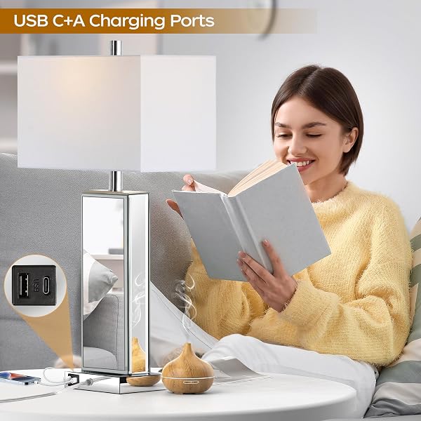 MODERN TABLE LAMP SET OF 2 TOUCH CONTROL, SILVER MIRROR DIAMOND CRYSTAL BEDSIDE LAMP WITH USB C+A PORTS, 3-WAY DIMMABLE MIRRORED NIGHTSTAND LAMPS WHITE FABRIC SHADE FOR LIVING ROOM BEDROOM ART DECOR