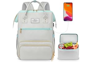 ETRONIK Lunch Backpack, 15.6 Inch Laptop Backpack with USB Port, Stylish Nurse, Teacher Work Bag with Insulated Cooler Lunch Box for Women Men, College Backpack for Travel, Grey Blue