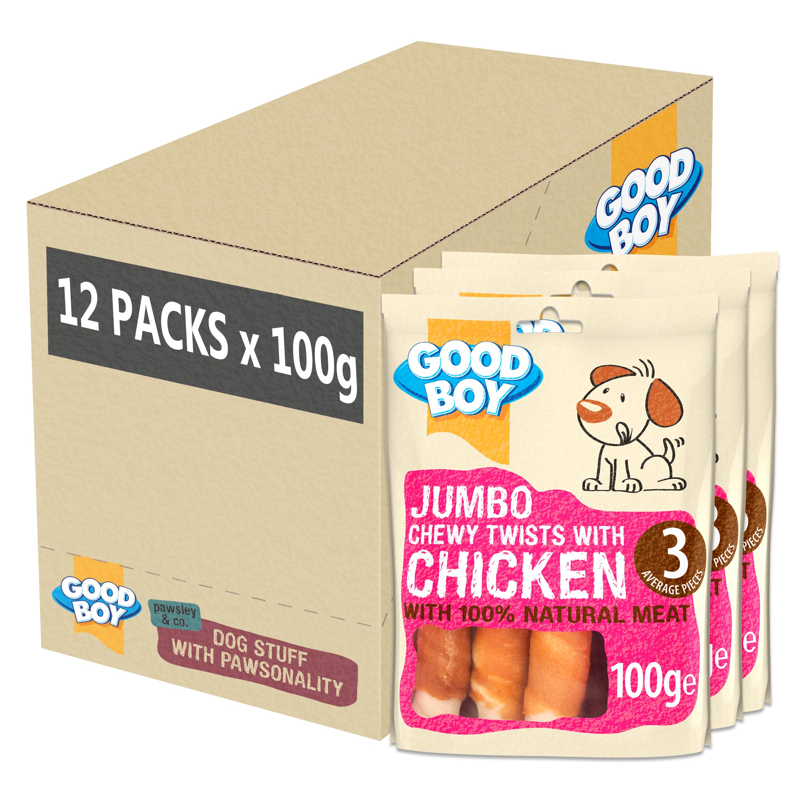 Good Boy - Jumbo Chewy Twists with Chicken - Dog Treats - Made with 100% Natural Chicken Breast Meat - 100 g ℮ - Low Fat Dog Treats - Case of 12