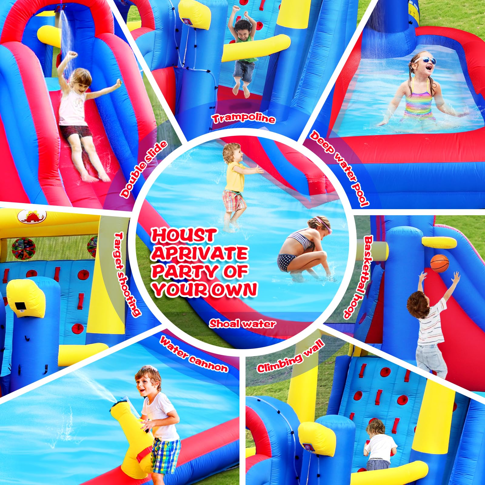 Inflatable Jumping Castle with Large Climbing Wall, 267 x 138 x 118 Inch Bounce House with Air Blower, Dual Target and Basketball Rock