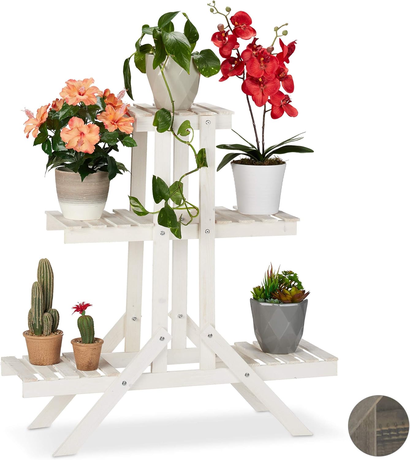 Relaxdays Wooden Flower Shelf, 3 Tier Rack, Plant Stand, White, Wood