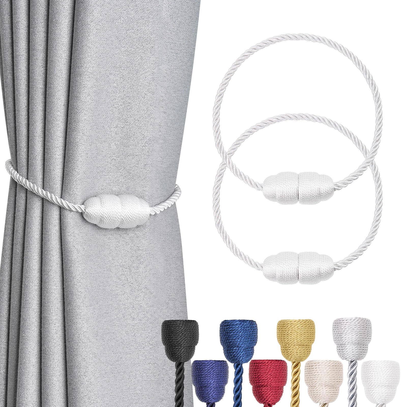 Pretty Jolly 2 Pack Strong Magnetic Curtain Tiebacks - Handmade Weave Side Rope Curtain Holdbacks - Unique & Elegant Decorative Tie Backs for Home & Office Window Drapery (White)