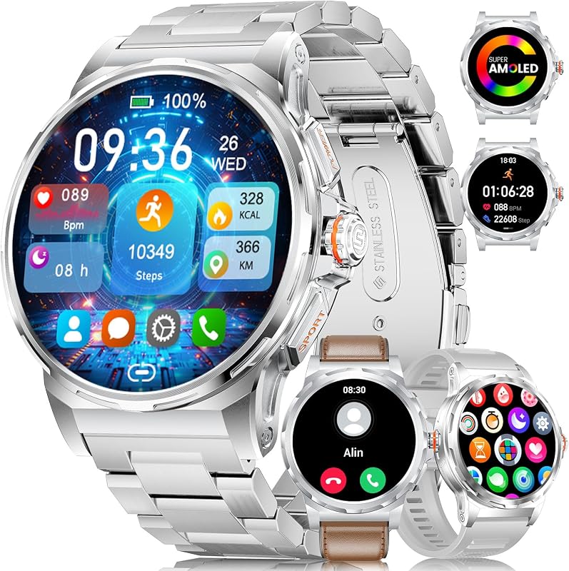 Smartwatch für Herren, Militär, mit Bluetooth-Anruf, 1,43 Zoll AMOLED Smartwatch mit 3 Armbändern, wasserdicht 5 ATM, 110 + Sportmodi, Herzfrequenz / SpO2/Schlafüberwachung, Android iOS — Foto 1 von 8