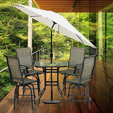 Amazon Com Aoxun Patio 5 Pc Swivel Sets Textilene High Bistro Sets 4 Bar Stools And 1 Table Brown Garden Outdoor