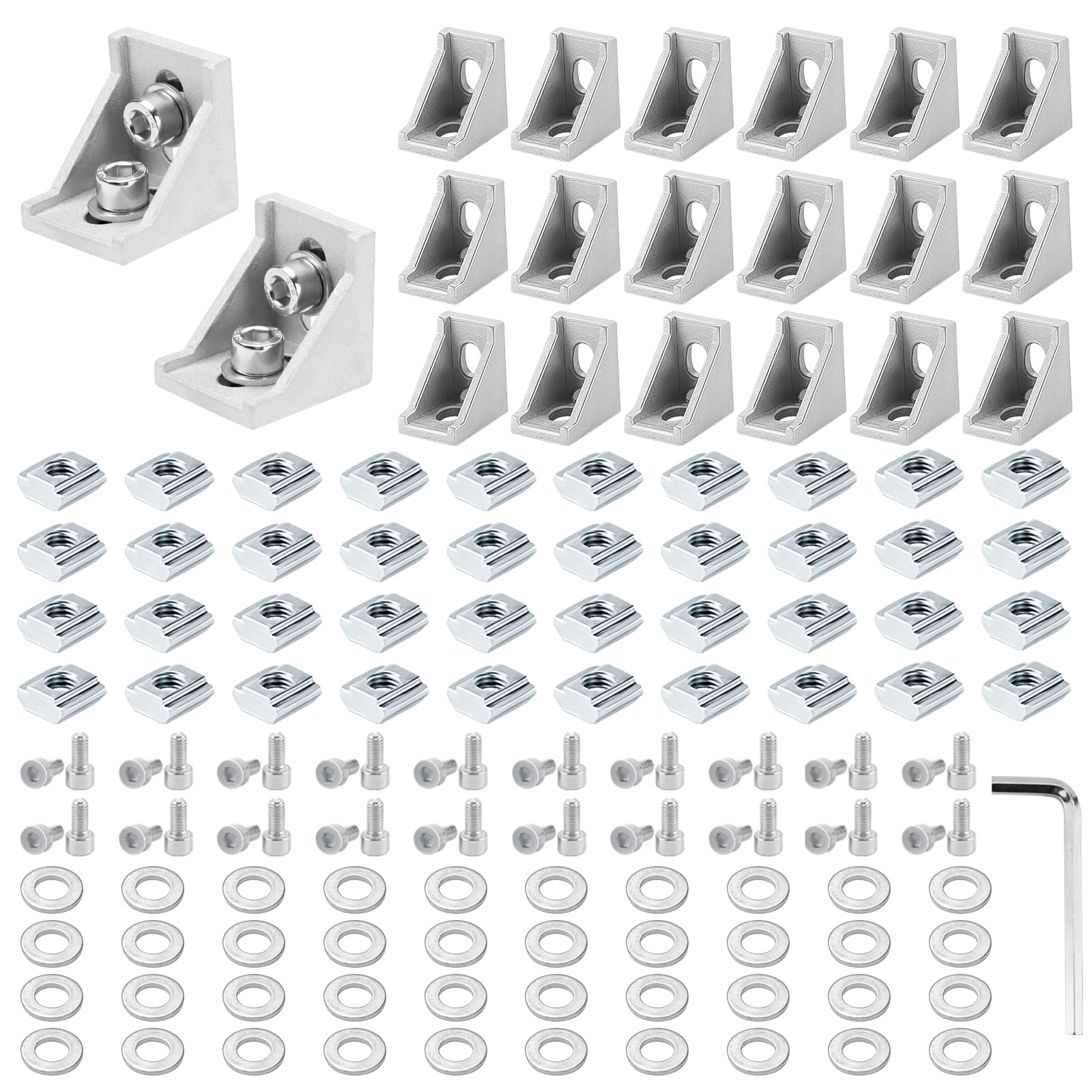 Photo 1 of PETOX 20 Set Silver 4040 Series Aluminum Extrusion Profile Connector, Includes 1pc Wrench, 20pcs 3540 Corner Bracket, 40pcs M8 T-Slot Sliding Nuts and Hex Screw Bolt for 20S Aluminum Rail Accessories