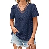 Falechay Summer Tops For Women 2026 Boho Swiss Dot Blouses Short Sleeve Shirts Flowy V Neck Casual Peasant Lace Hem Clothing