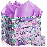 Peconal Extra Large Mermaid Gift Bag 11.8" Square Giant Mermaid Birthday Gift Bag with Tissue Papers and Greeting Card Reusable Wrapping Paper Bag with Handles for Girls Birthday Party Favor Supplies