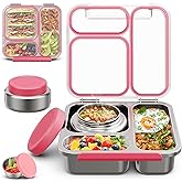 Stainless Steel Bento Box Kids Adult with 7oz Soup Thermo, Transparent Lid 3 Compartments Metal Bento Lunch Box with Insulated Food Jar,Lunch Box Container Sauce Cup for School,BPA-Free(Pink)
