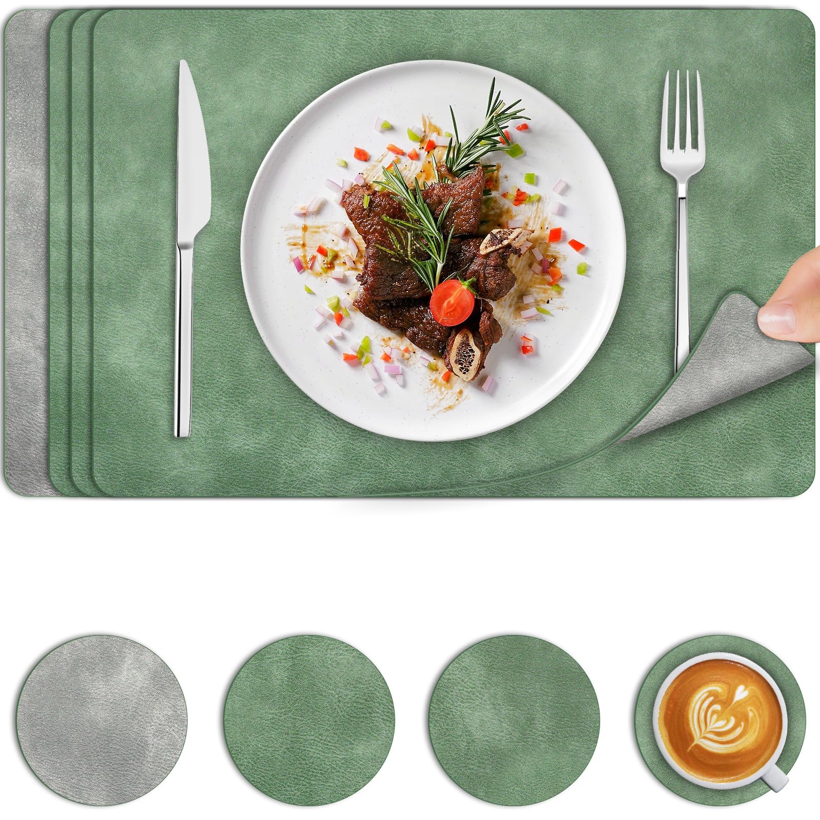 Placemats and Coaster Sets 4 | Dual Sided Leather Place Mats | Heat Resistant Non-Slip Table Mats Set of 4 | Waterproof Washable Wipe Clean | Place Mats for Table for Outdoor Home Dining | Green Grey