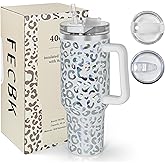 FECBK 40 oz Tumbler with Handle and Straw, 100% Leak-Proof Travel Mug, Stainless Steel Double Wall Vacuum Insulated Coffee Cup Keeps Cold For 34 Hours, Dishwasher Safe, White Leopard