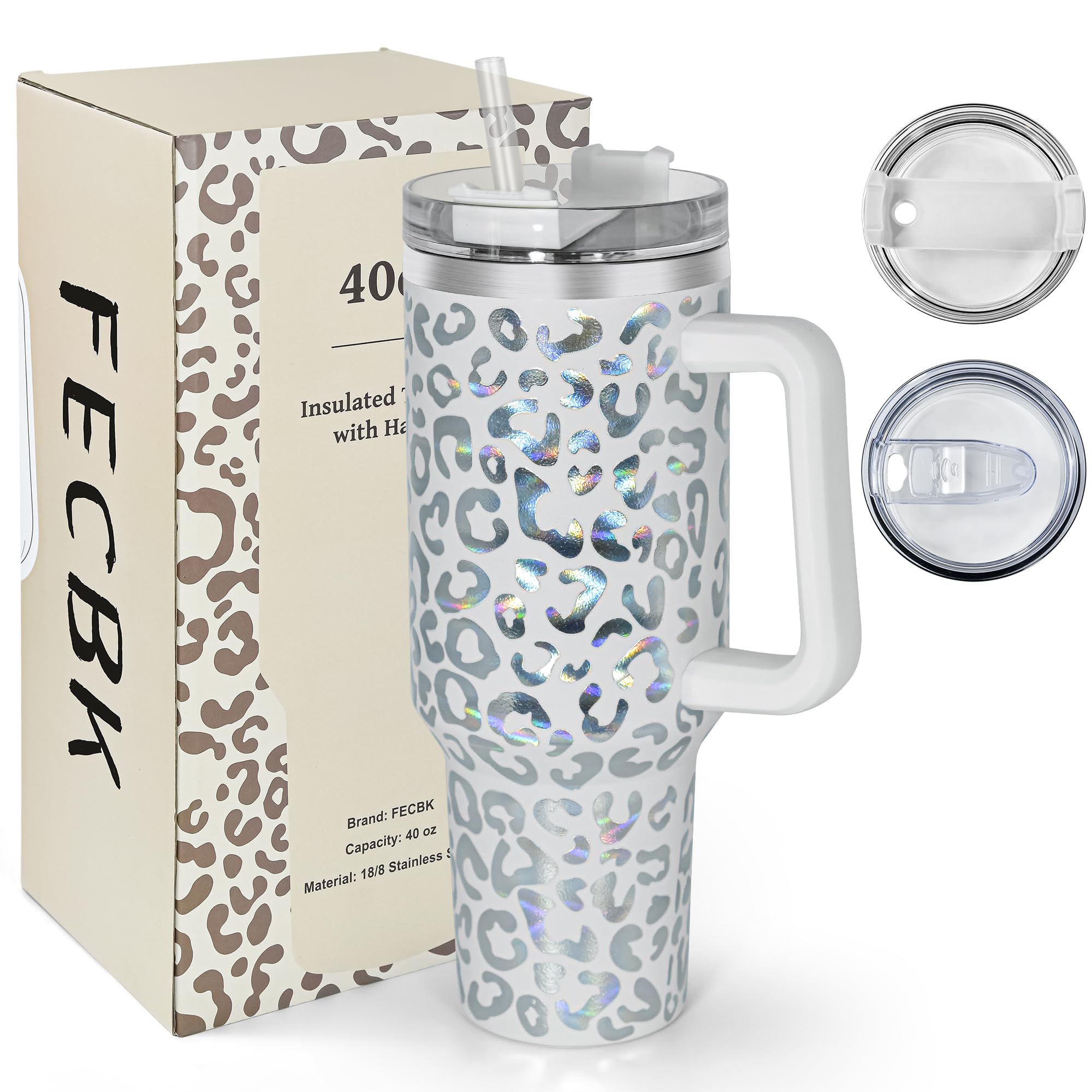 FECBK 40oz Tumbler with Straw and Lid 1.2L, 100% Leak-Proof Travel Mug with Handle, Stainless Steel Vacuum Insulated Water Bottle Coffee Cup Keeps Cold 34H / Hot 12H, White Leopard — image 1