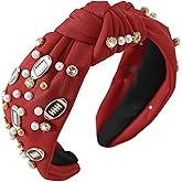 Gmmidea Football Knotted Headband Pearl Rhinestone Game Day Headbands for Women Top Knot Beaded Jeweled Headband Wide Twist Sports Fan Hairband Football Hair Accessories Red