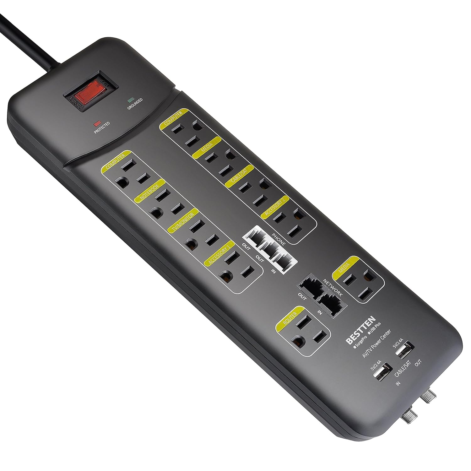 BESTTEN 3800-Joule Surge Protector, 10-Outlet All-in-One Power Strip with 2 USB Charging Ports (3.1A Total) and Phone/Ethernet/Coaxial Protection, 9-Foot Ultra Long Extension Cord, ETL Listed, Black