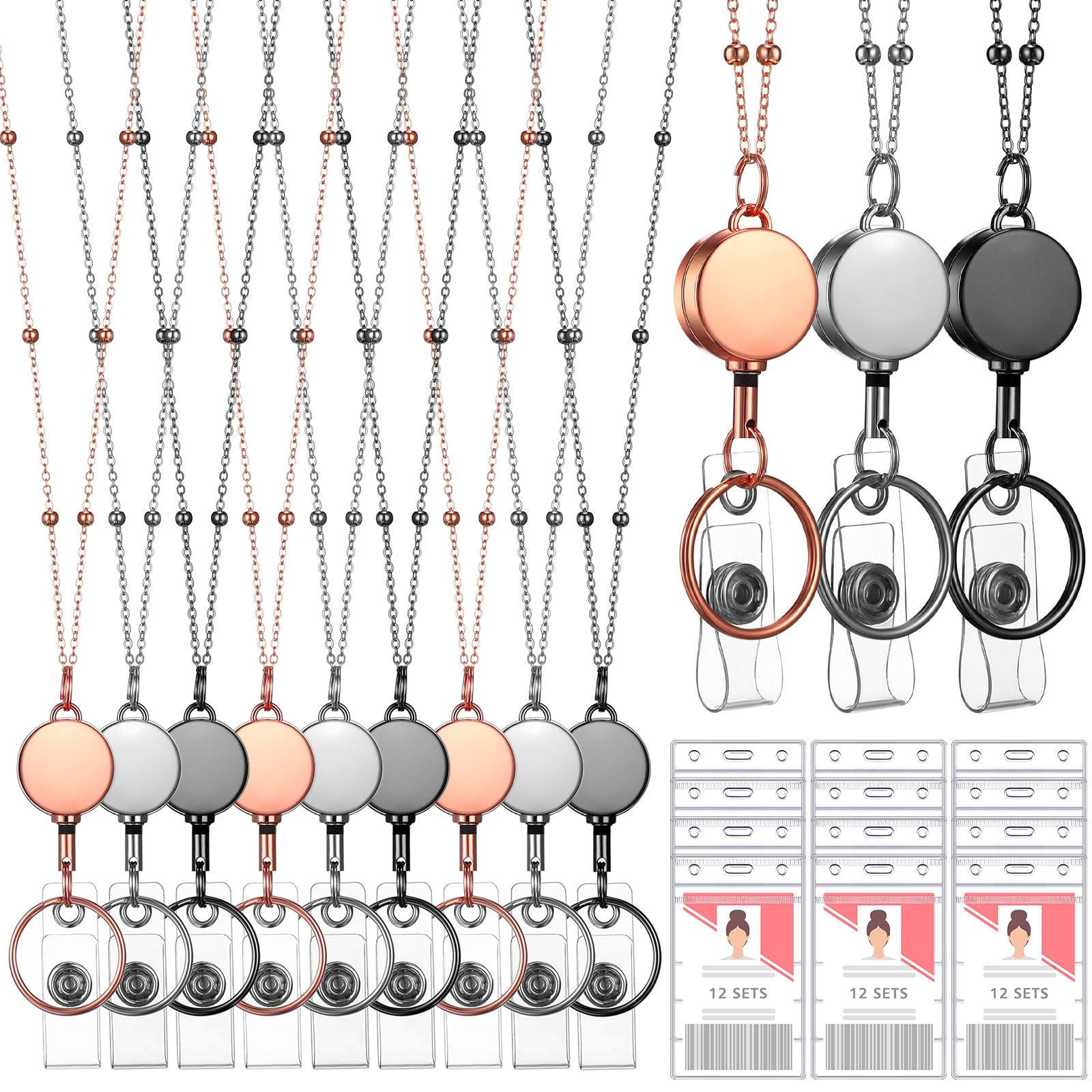 Photo 1 of 12 Set Retractable Badge Reel Lanyard with ID Holder Stainless Steel Beaded Lanyards for ID Badges Waterproof Badge Holder with Lanyard Necklace Cruise Lanyard for Women Men Office