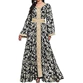Abaya Muslim Dress for Women V Neck Belted Embroidered Floral Maxi Kaftan Islamic Dubai Arabian Evening Dress