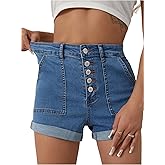 ZMTUO Women's High Waisted Stretchy Denim Shorts, Summer Button Rolled Hem Jean Shorts