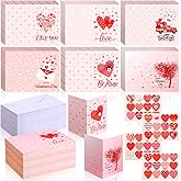 Gueevin 150 Sets Valentine's Day Cards Bulk with Envelopes 16 Sheets Stickers 4 x 6'' Foldable Love Heart Blank Valentine Greeting Cards Pink for Women Adults Happy Valentines Gift Wedding Anniversary